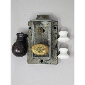 Antique ILCO Door‎ Mortise Lock Set With Brass Knob & Two Ceramic White Handles